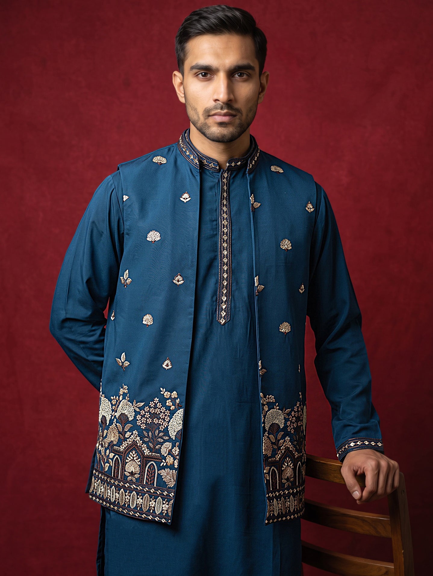 Japanese Fabric Embroidered Kurta & Waistcoat Set ( 65KPWCS MC 5620Peacock )