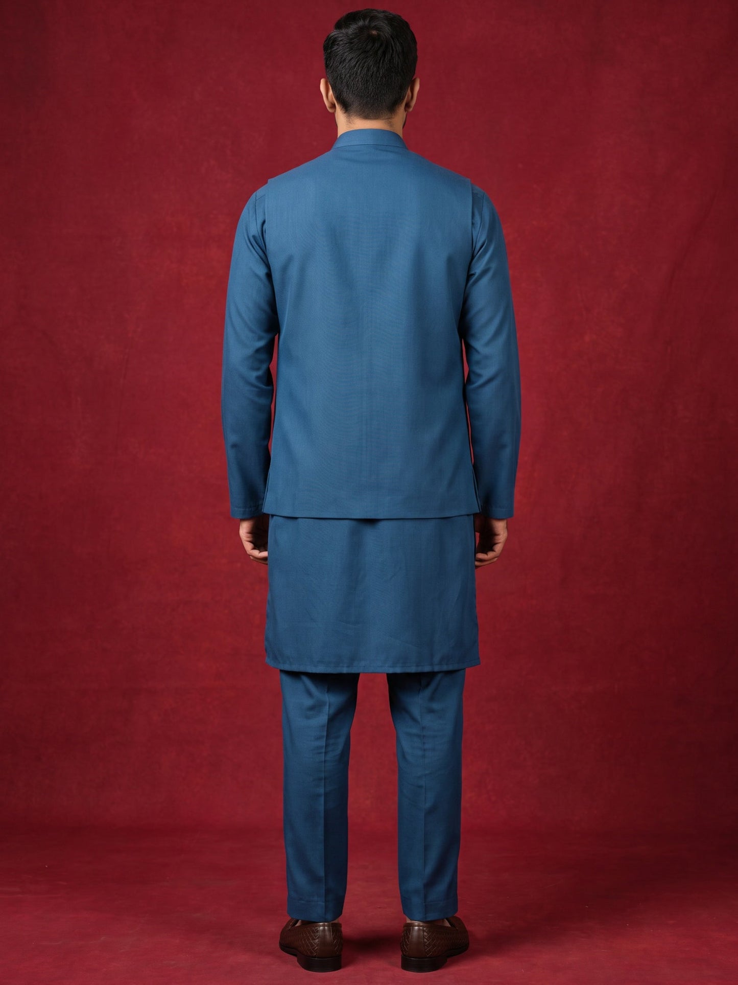 Japanese Fabric Embroidered Kurta & Waistcoat Set ( 65KPWCS MC 5620Peacock )