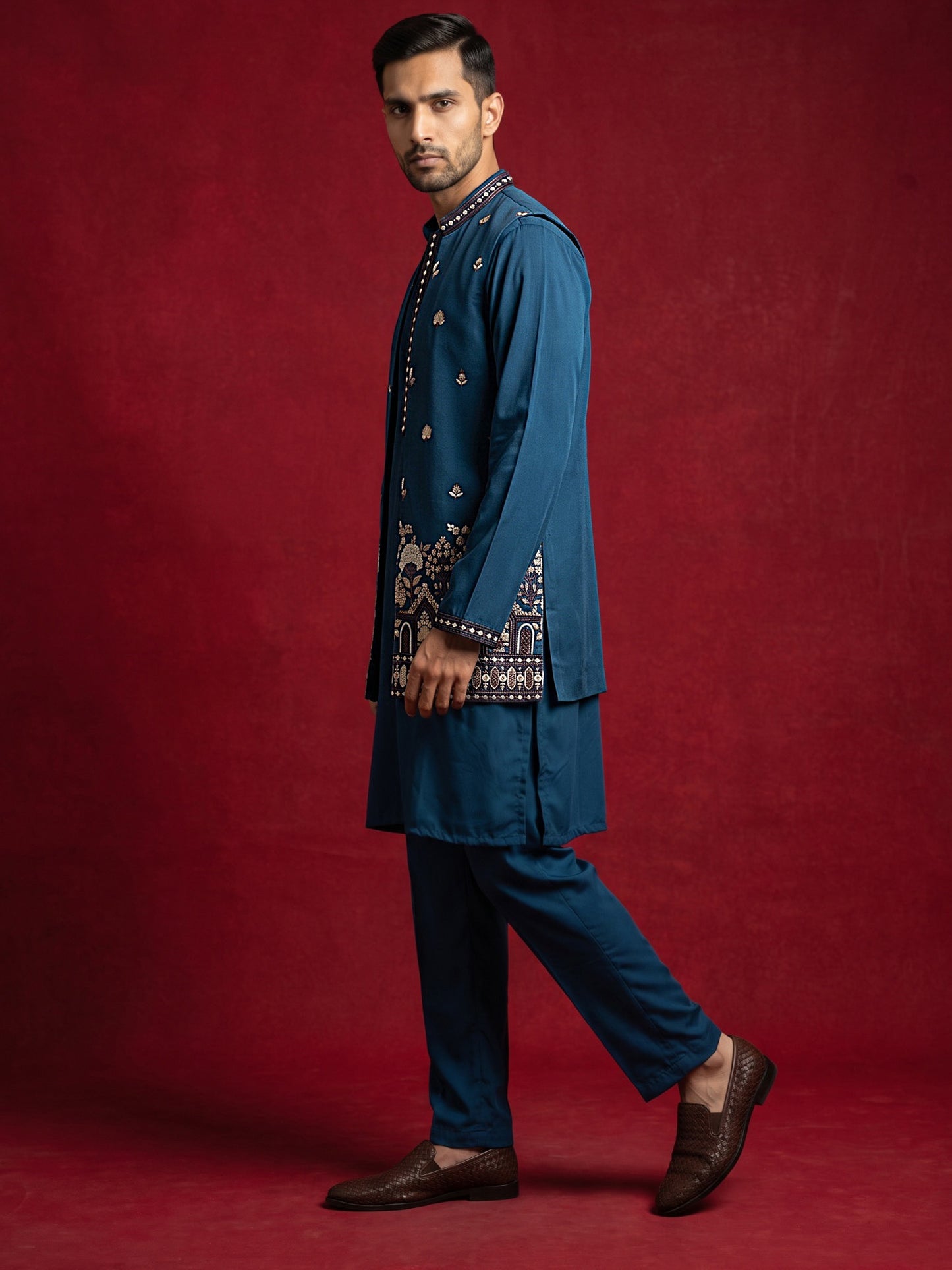 Japanese Fabric Embroidered Kurta & Waistcoat Set ( 65KPWCS MC 5620Peacock )