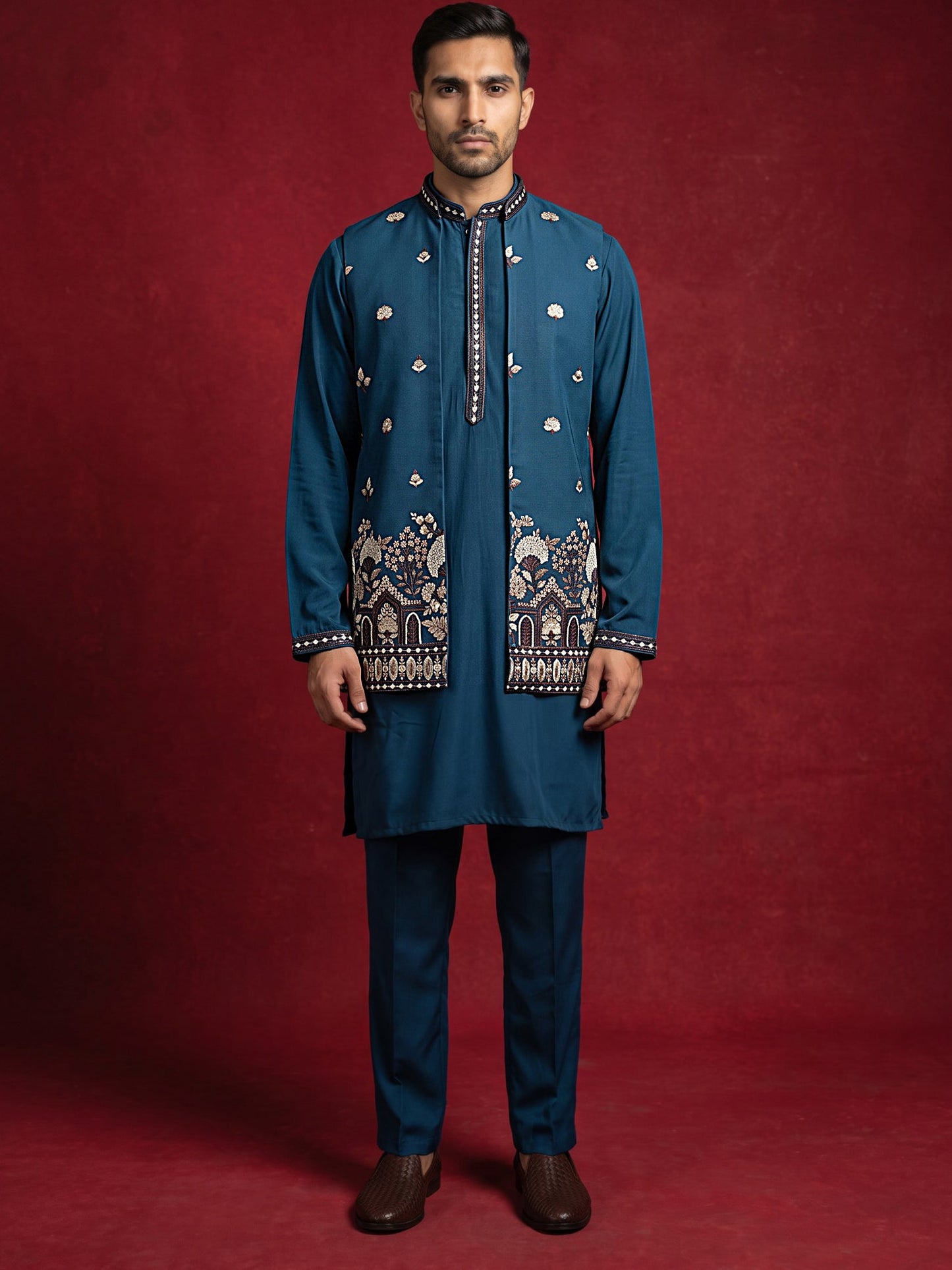 Japanese Fabric Embroidered Kurta & Waistcoat Set ( 65KPWCS MC 5620Peacock )