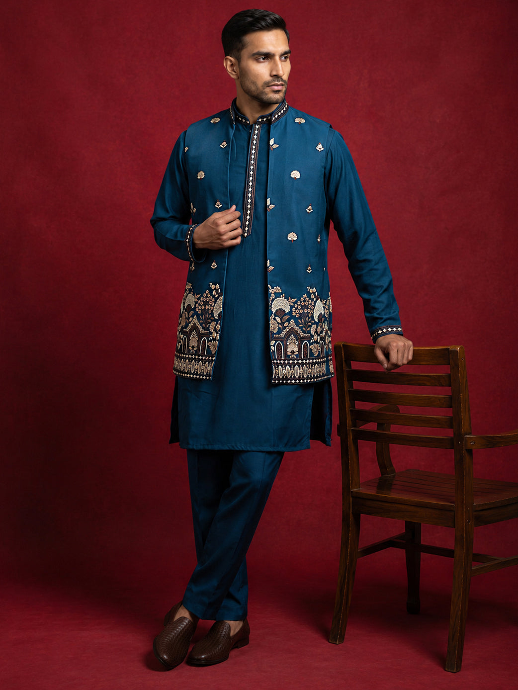 Japanese Fabric Embroidered Kurta & Waistcoat Set ( 65KPWCS MC 5620Peacock )