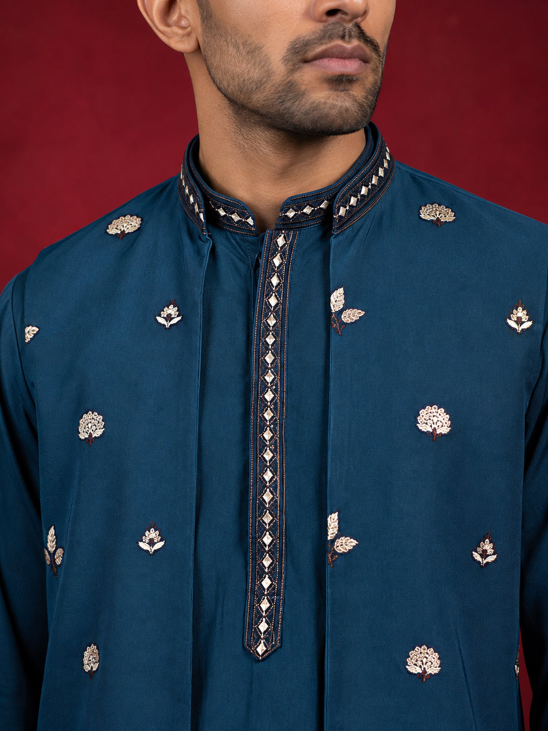 Japanese Fabric Embroidered Kurta & Waistcoat Set ( 65KPWCS MC 5620Peacock )