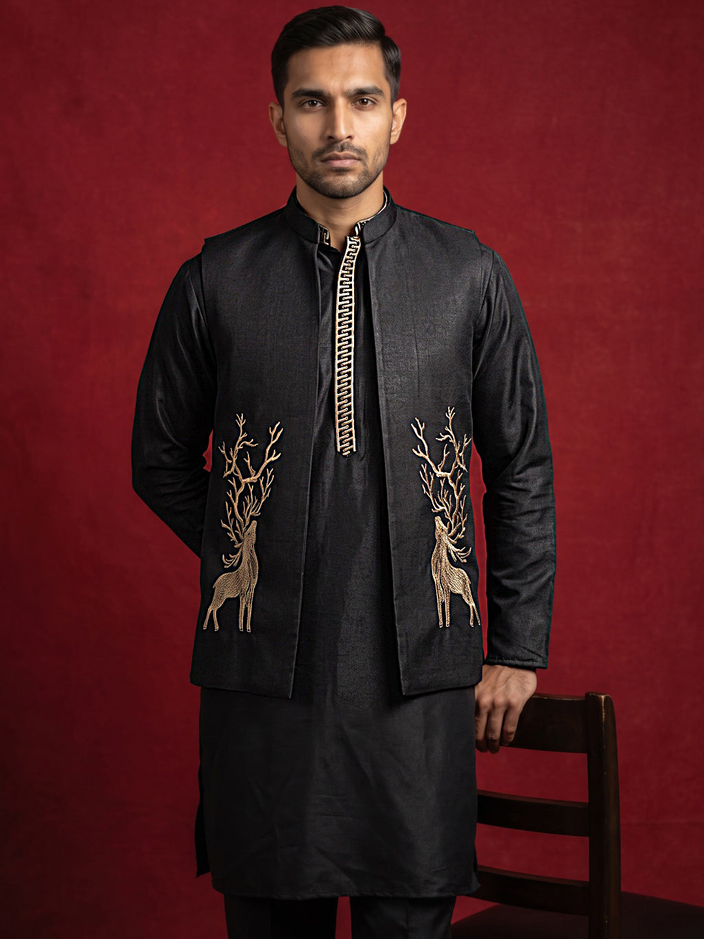 Silk Blend Embroidered Kurta Waistcoat Set ( 65KPWCS MC 5621Black )