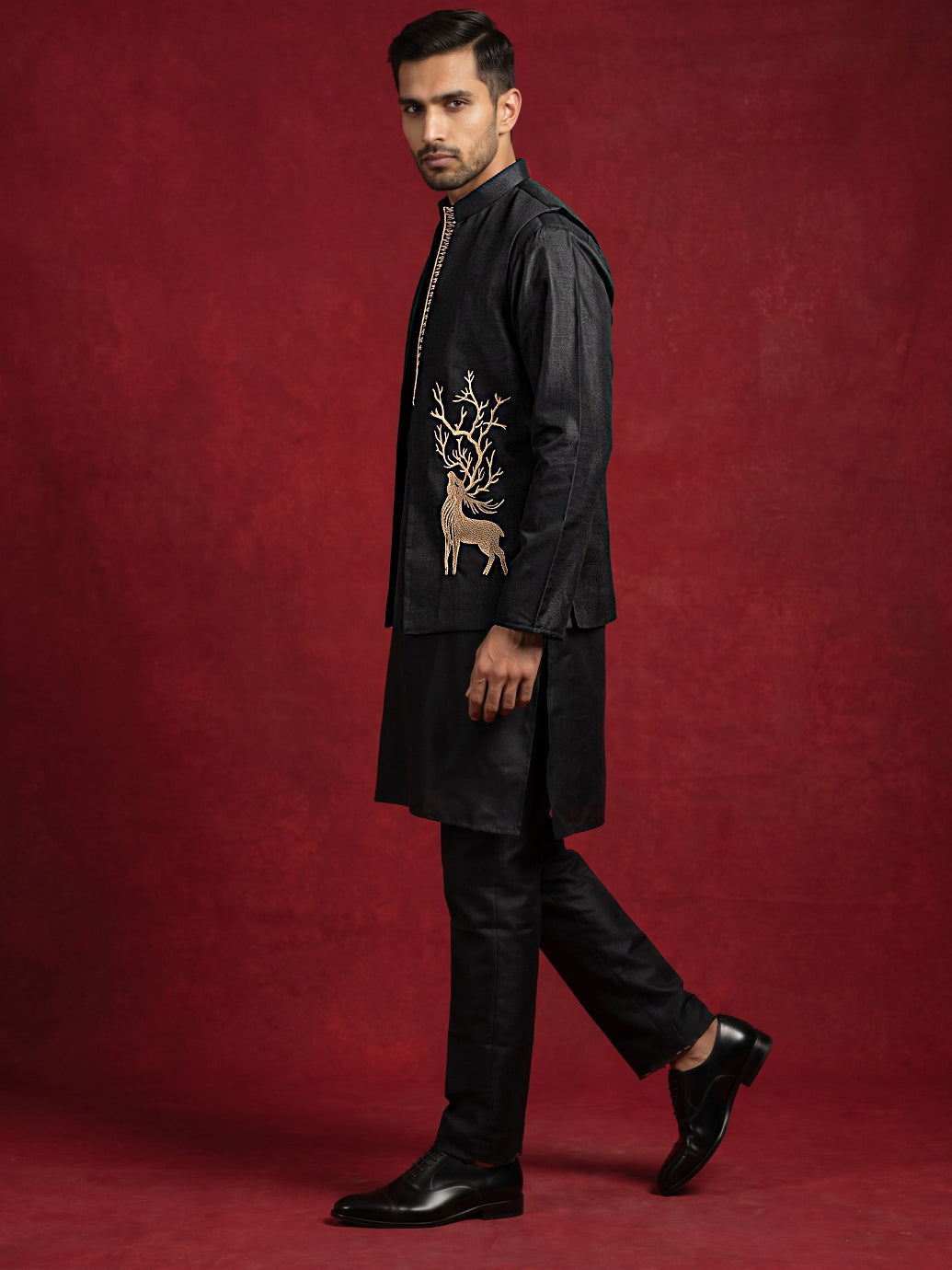 Silk Blend Embroidered Kurta Waistcoat Set ( 65KPWCS MC 5621Black )