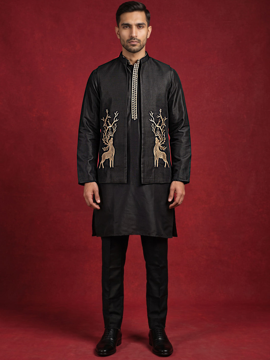 Silk Blend Embroidered Kurta Waistcoat Set ( 65KPWCS MC 5621Black )