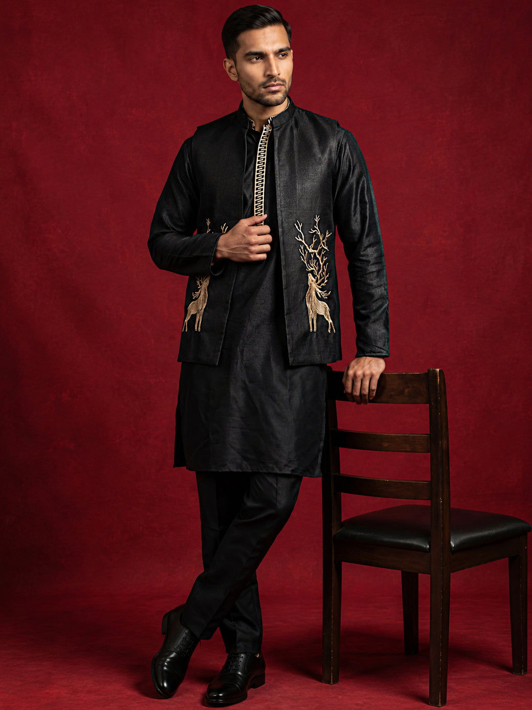 Silk Blend Embroidered Kurta Waistcoat Set ( 65KPWCS MC 5621Black )
