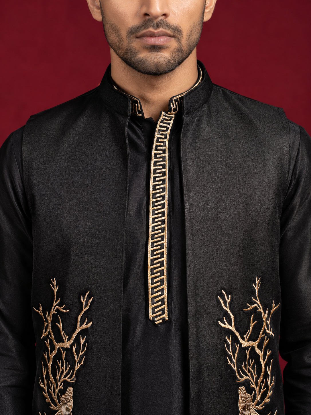 Silk Blend Embroidered Kurta Waistcoat Set ( 65KPWCS MC 5621Black )