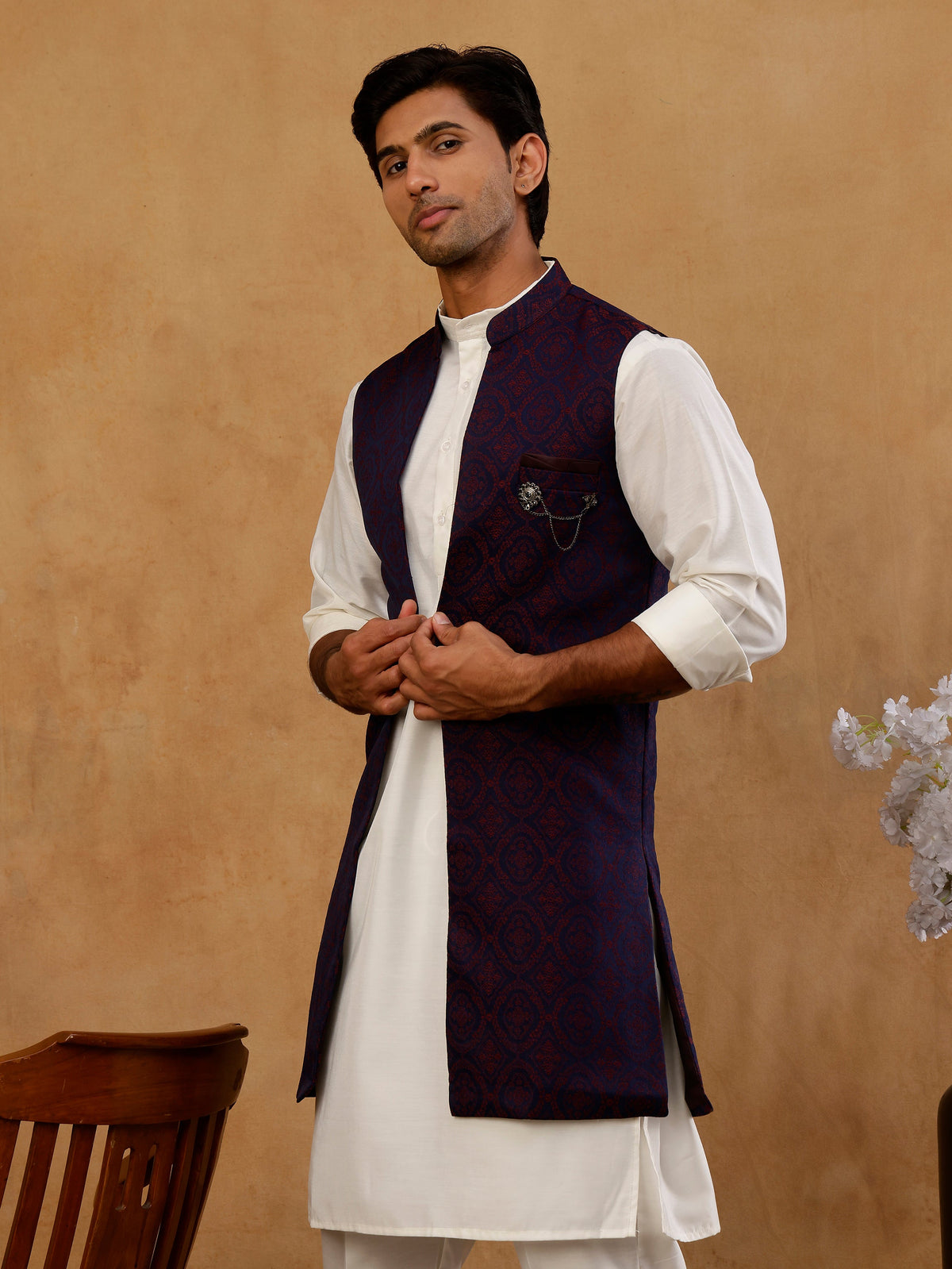 Jacquard Woven Silk Blend Waistcoat with Kurta Set ( 65KPWCS 592W W 4175 Maroon )