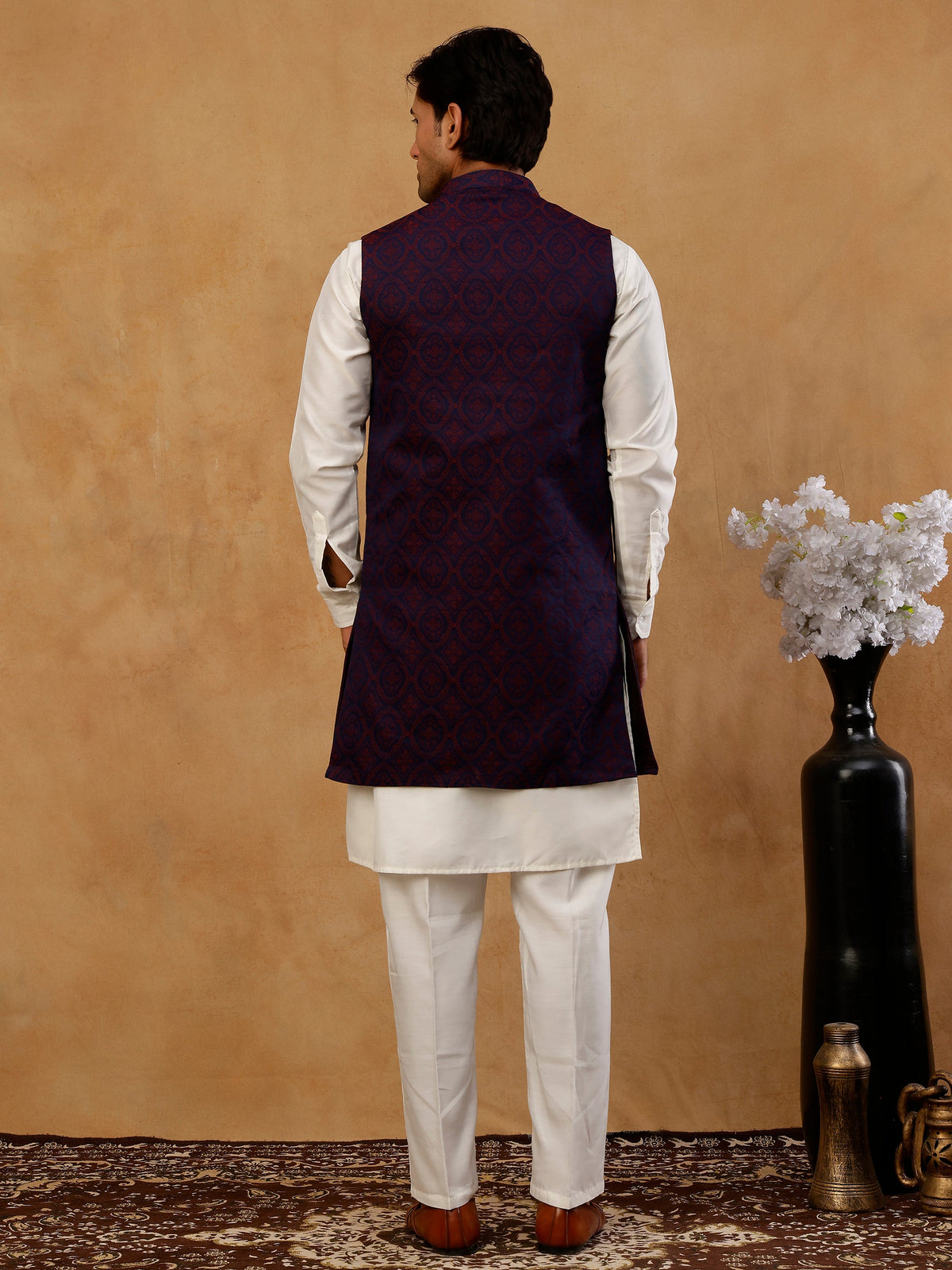 Jacquard Woven Silk Blend Waistcoat with Kurta Set ( 65KPWCS 592W W 4175 Maroon )