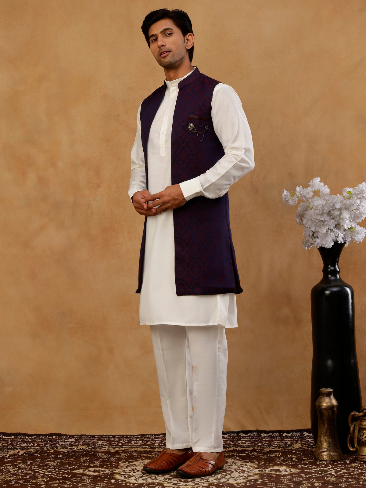 Jacquard Woven Silk Blend Waistcoat with Kurta Set ( 65KPWCS 592W W 4175 Maroon )