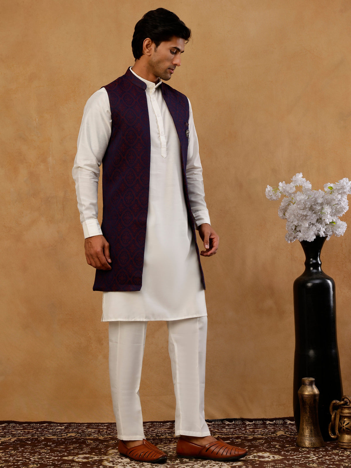 Jacquard Woven Silk Blend Waistcoat with Kurta Set ( 65KPWCS 592W W 4175 Maroon )
