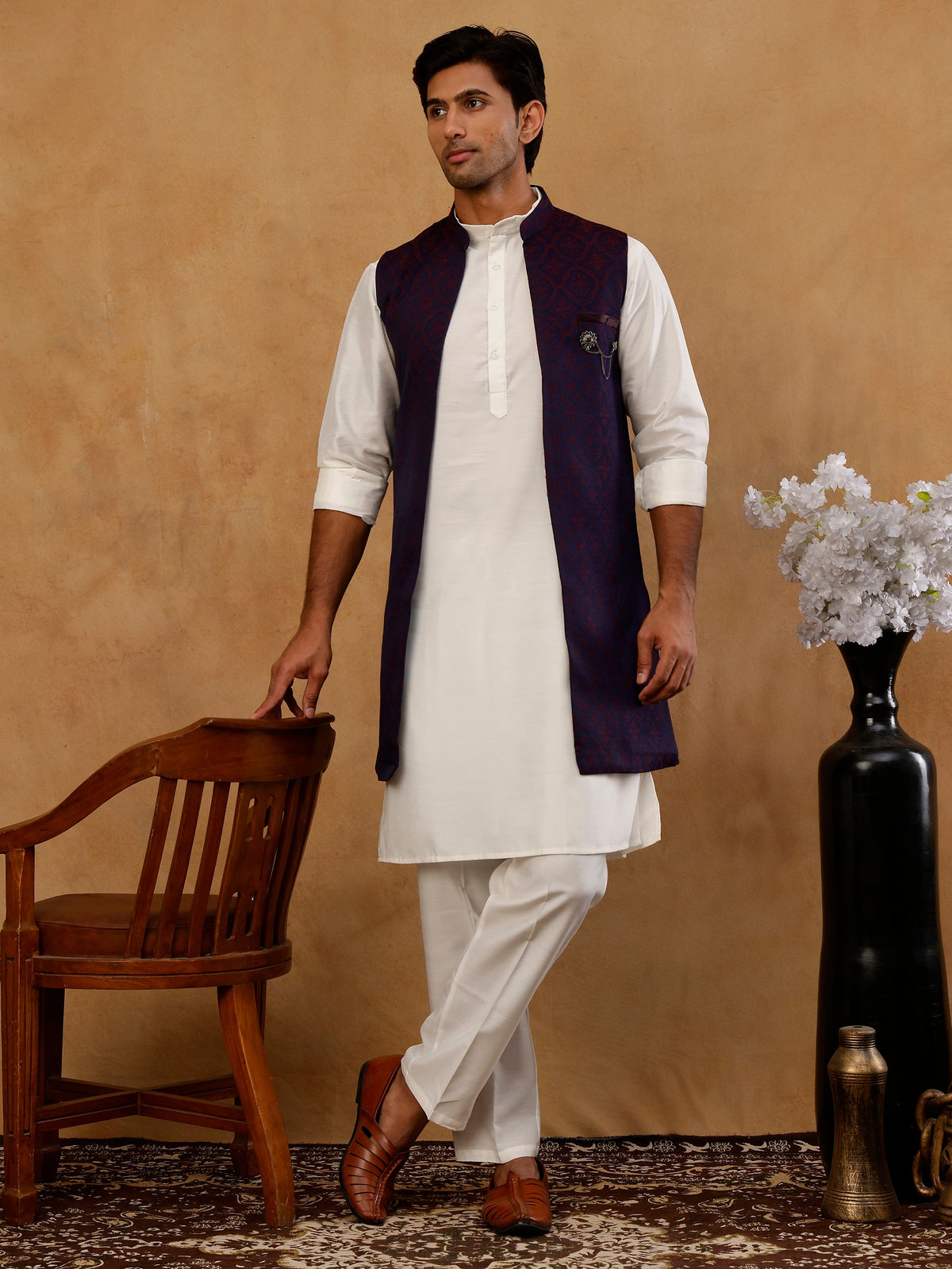 Jacquard Woven Silk Blend Waistcoat with Kurta Set ( 65KPWCS 592W W 4175 Maroon )