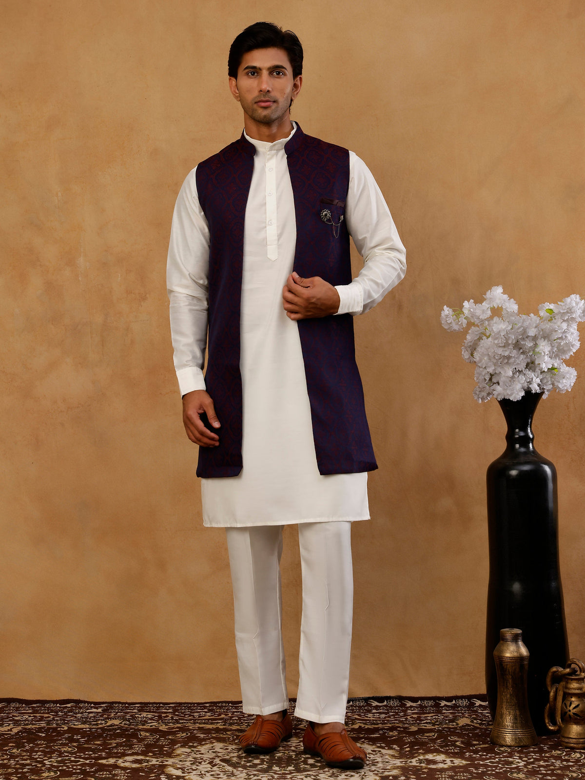 Jacquard Woven Silk Blend Waistcoat with Kurta Set ( 65KPWCS 592W W 4175 Maroon )