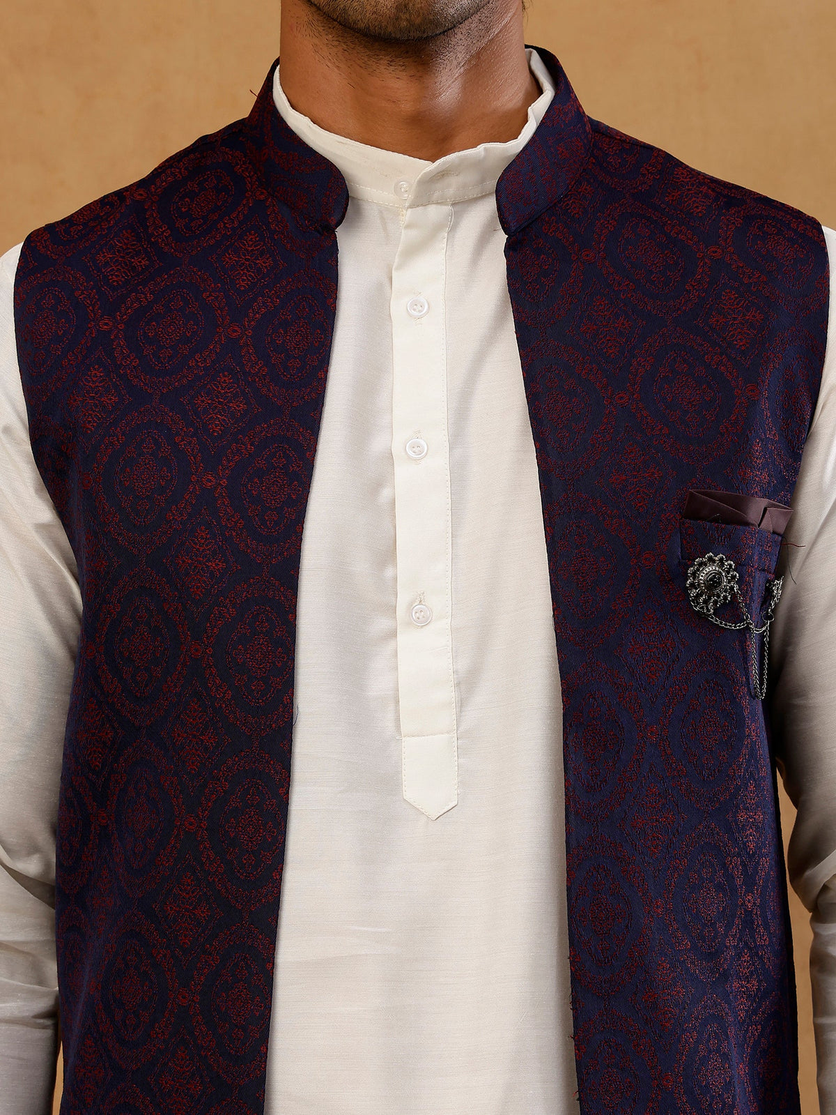 Jacquard Woven Silk Blend Waistcoat with Kurta Set ( 65KPWCS 592W W 4175 Maroon )