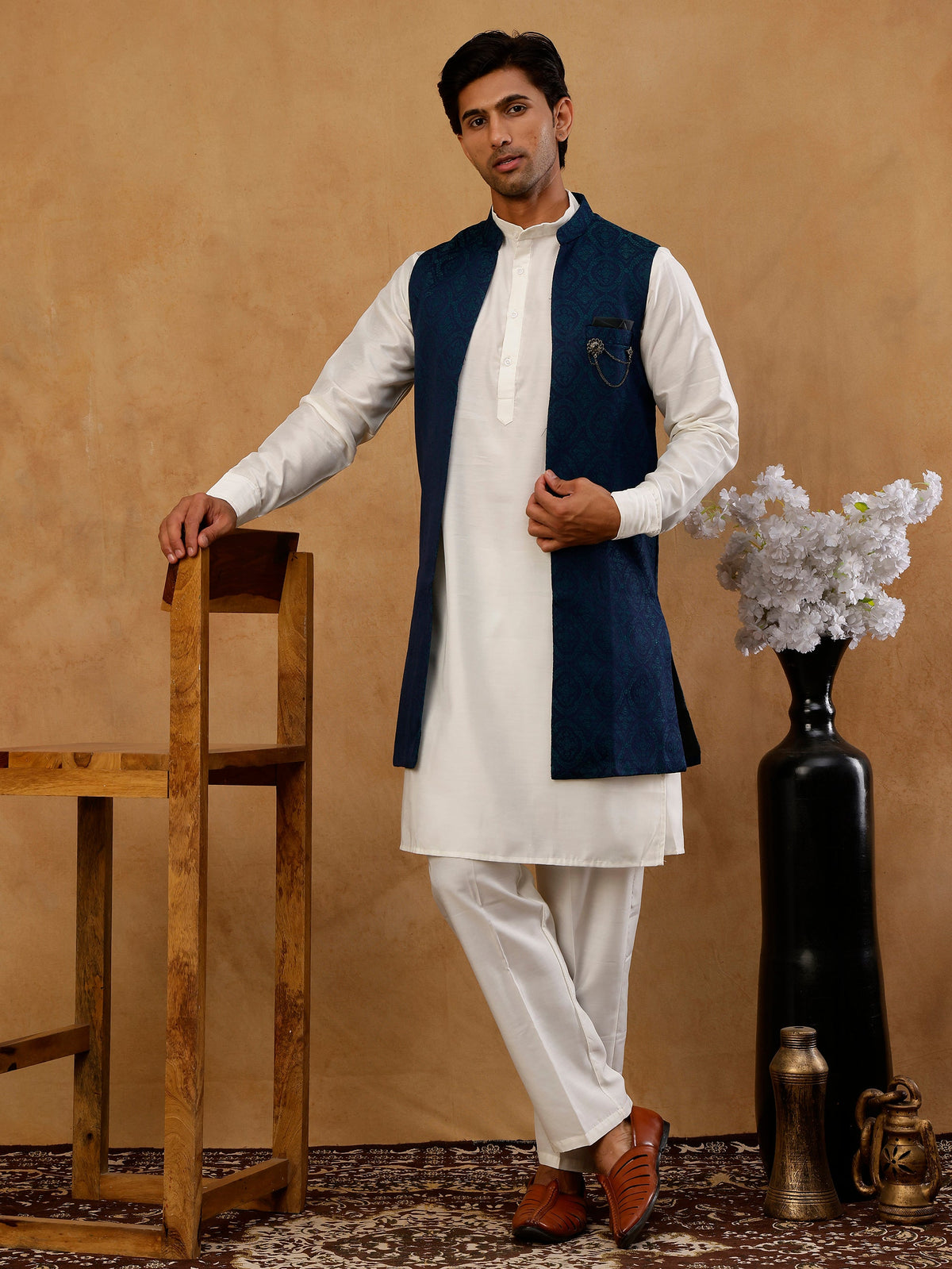 Jacquard Woven Silk Blend Waistcoat with Kurta Set ( 65KPWCS 592W W 4175 Teal )