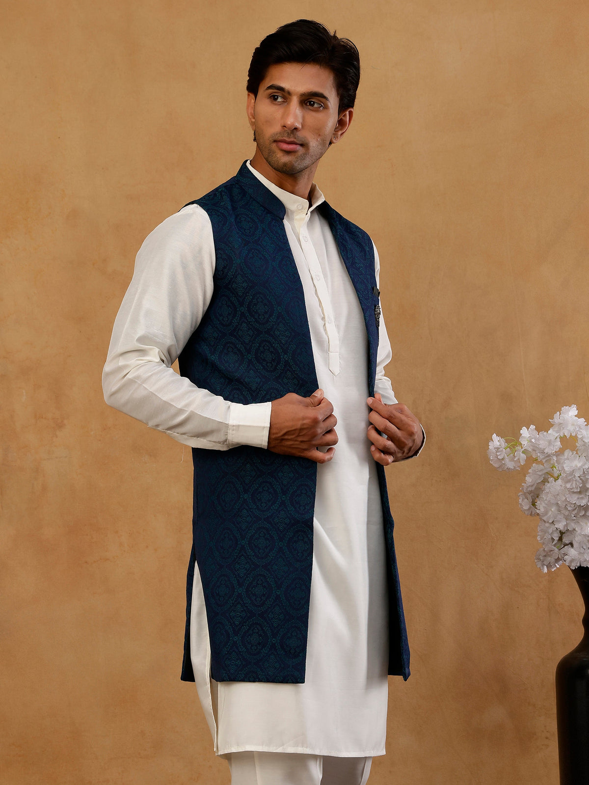 Jacquard Woven Silk Blend Waistcoat with Kurta Set ( 65KPWCS 592W W 4175 Teal )