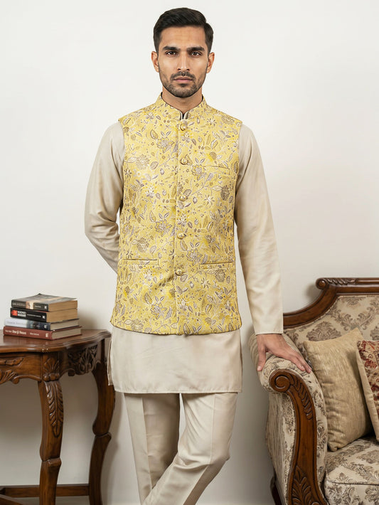 Men's Floral Jacquard Silk Blend Nehru Jacket with Kurta Set ( 65KPWC 5586BG 4155Yellow )