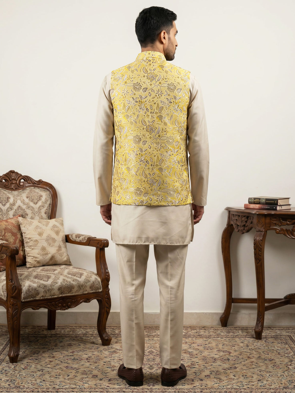 Men's Floral Jacquard Silk Blend Nehru Jacket with Kurta Set ( 65KPWC 5586BG 4155Yellow )