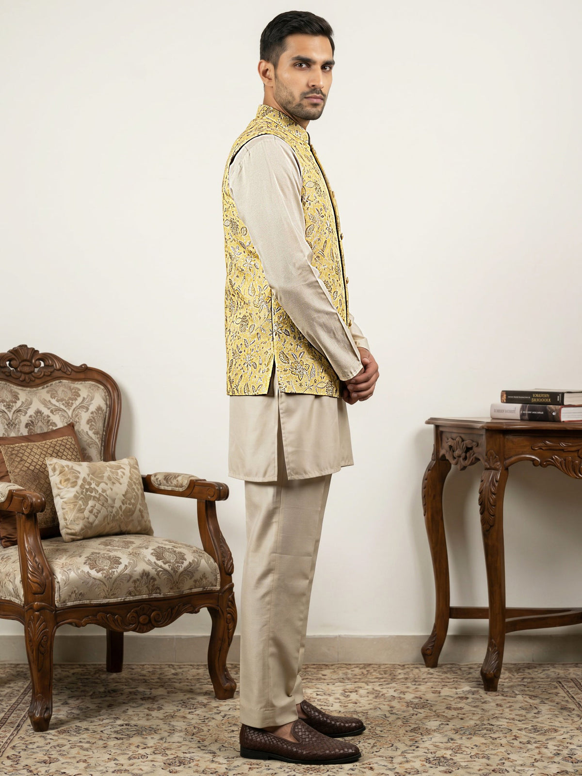 Men's Floral Jacquard Silk Blend Nehru Jacket with Kurta Set ( 65KPWC 5586BG 4155Yellow )