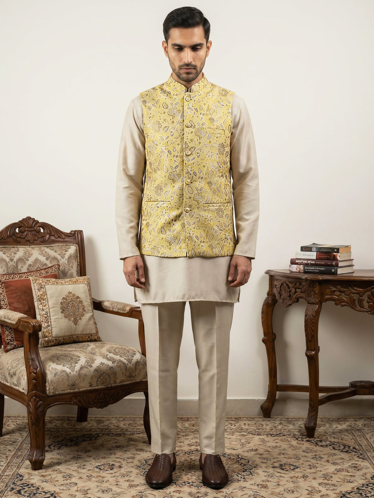 Men's Floral Jacquard Silk Blend Nehru Jacket with Kurta Set ( 65KPWC 5586BG 4155Yellow )