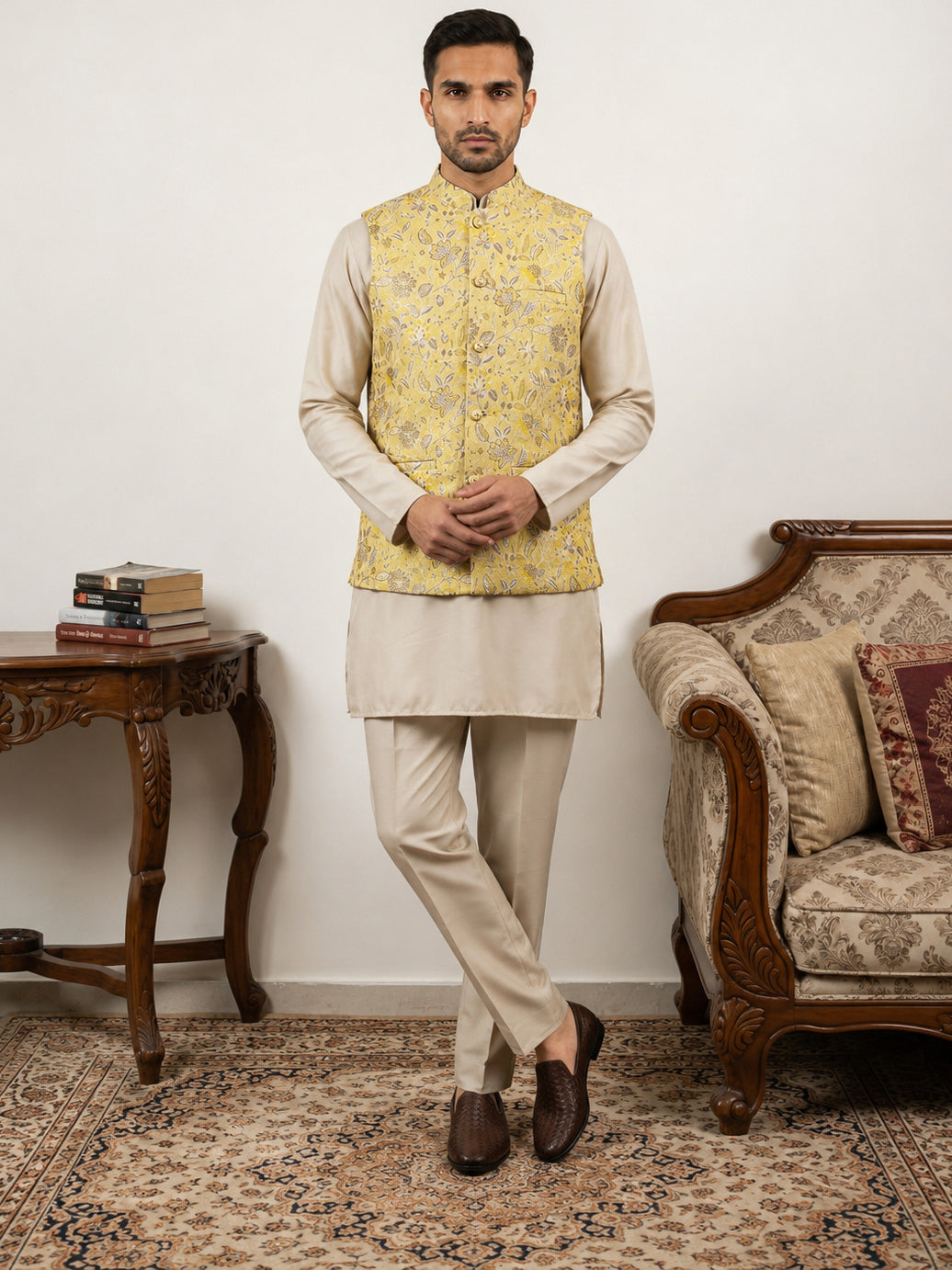Men's Floral Jacquard Silk Blend Nehru Jacket with Kurta Set ( 65KPWC 5586BG 4155Yellow )