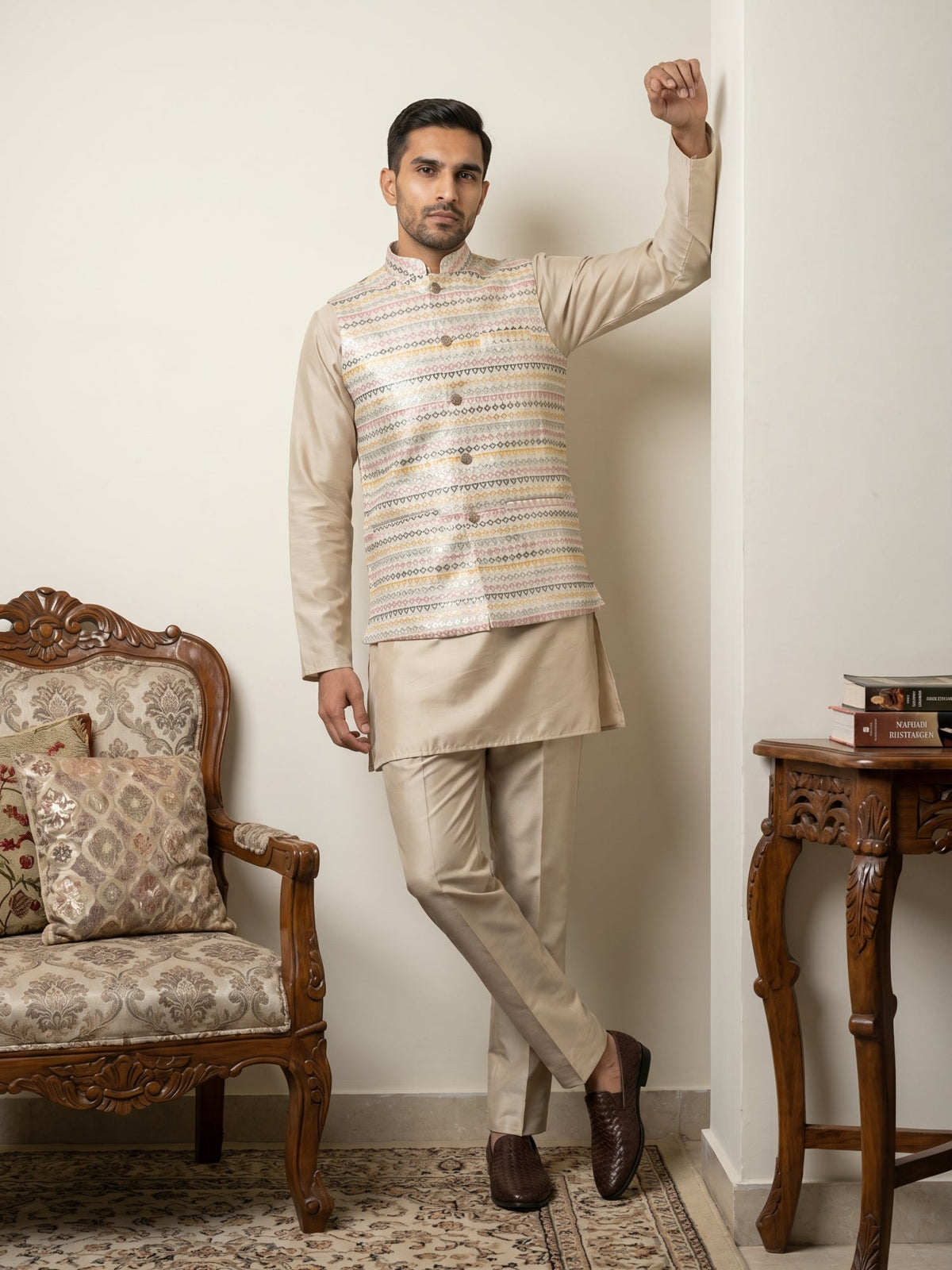 Men Cotton Blend Woven Nehru Jacket with Kurta Set ( 65KPWC 5586BG 4161Golden )
