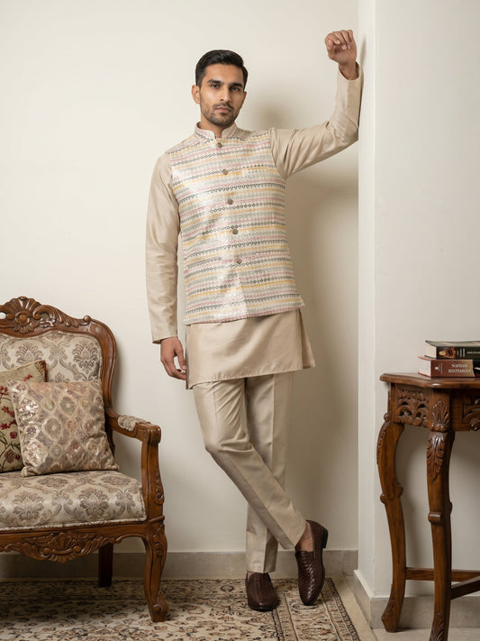 Men Cotton Blend Woven Nehru Jacket with Kurta Set ( 65KPWC 5586BG 4161Golden )