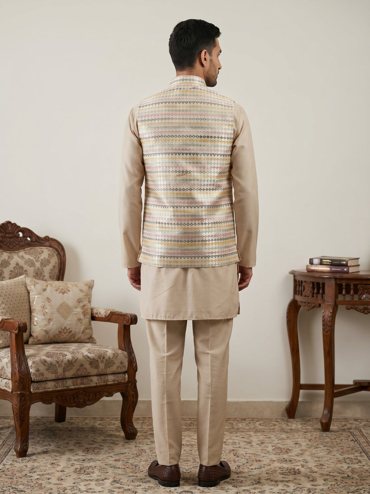 Men Cotton Blend Woven Nehru Jacket with Kurta Set ( 65KPWC 5586BG 4161Golden )