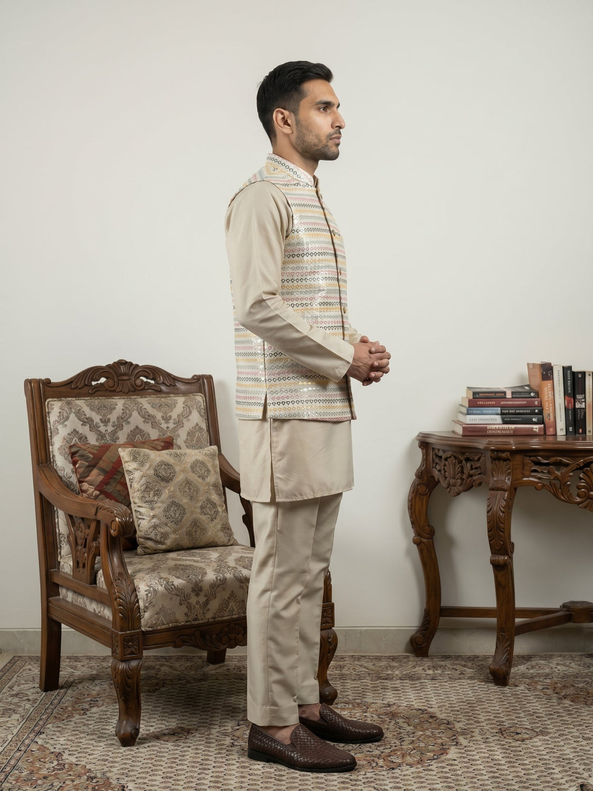 Men Cotton Blend Woven Nehru Jacket with Kurta Set ( 65KPWC 5586BG 4161Golden )
