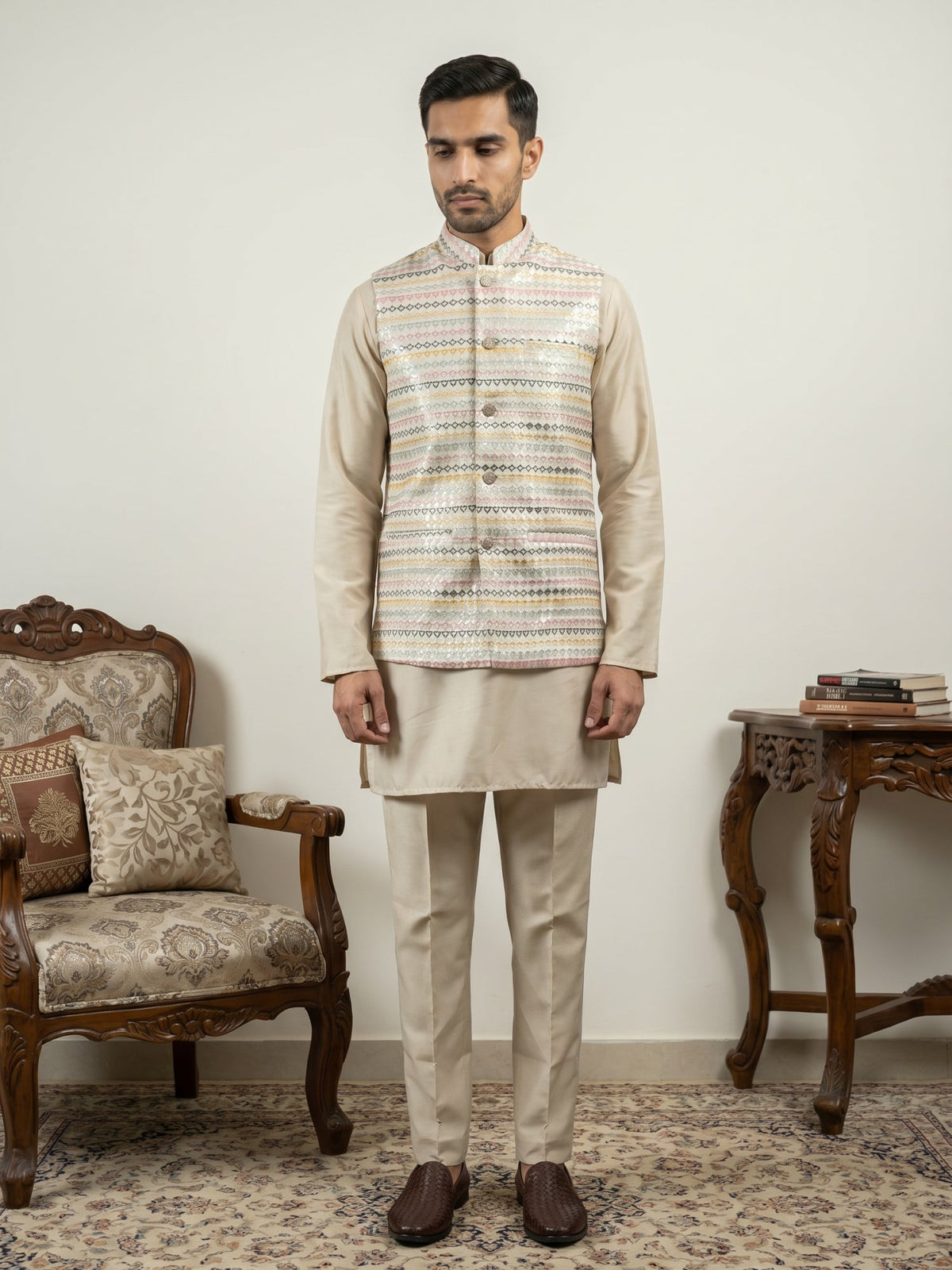 Men Cotton Blend Woven Nehru Jacket with Kurta Set ( 65KPWC 5586BG 4161Golden )