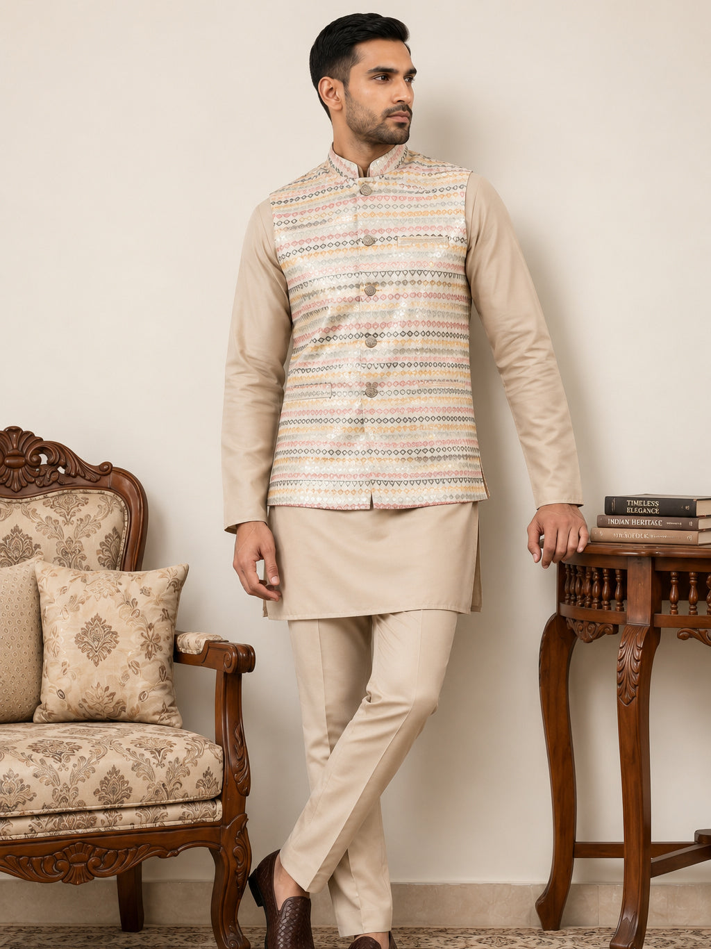Men Cotton Blend Woven Nehru Jacket with Kurta Set ( 65KPWC 5586BG 4161Golden )