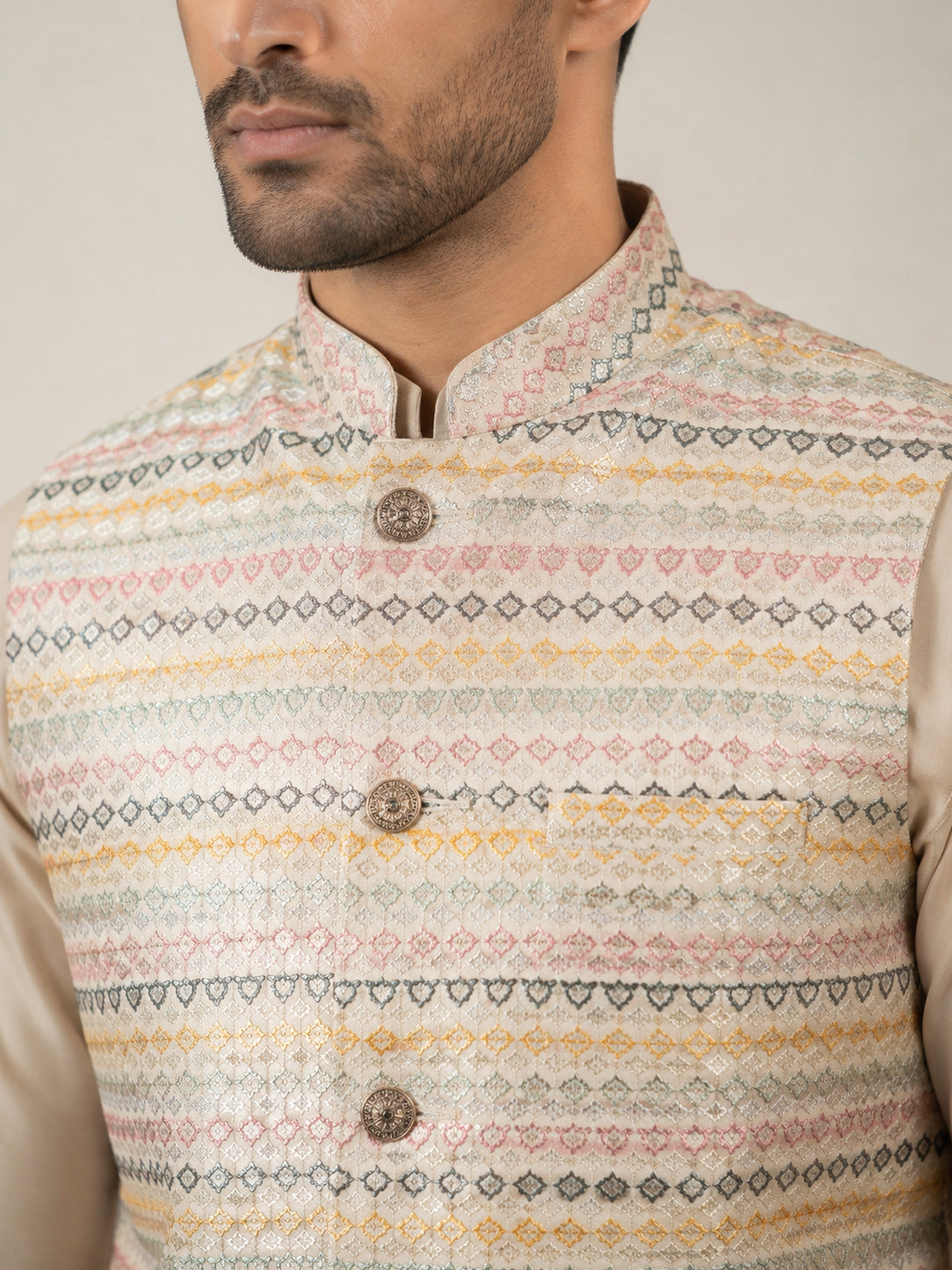 Men Cotton Blend Woven Nehru Jacket with Kurta Set ( 65KPWC 5586BG 4161Golden )