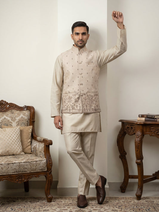 Men Cotton Blend Printed Nehru Jacket Kurta Set ( 65KPWC 5586BG 4162Beige )