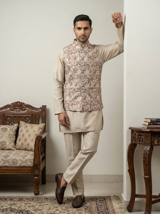Men Embroidered Ethnic Nehru Jacket with Kurta & Pyjama Set ( 65KPWC 5586BG 4165Beige )