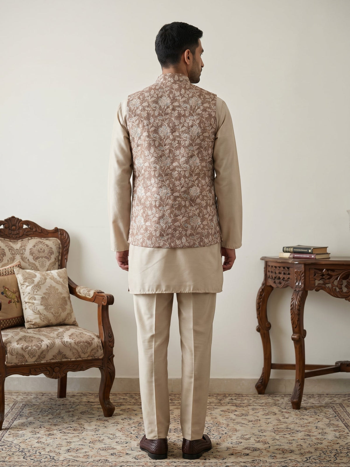 Men Embroidered Ethnic Nehru Jacket with Kurta & Pyjama Set ( 65KPWC 5586BG 4165Beige )