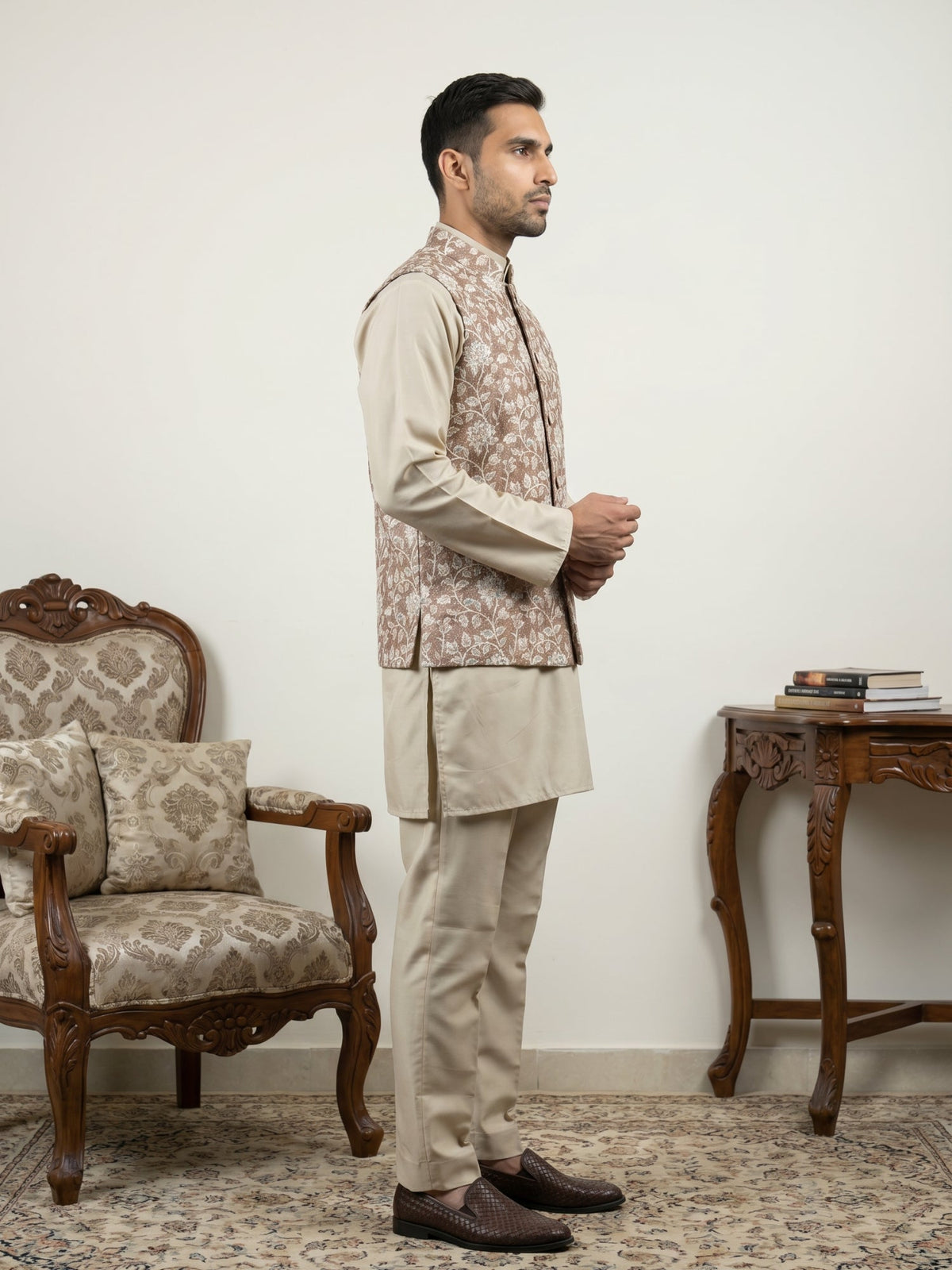 Men Embroidered Ethnic Nehru Jacket with Kurta & Pyjama Set ( 65KPWC 5586BG 4165Beige )