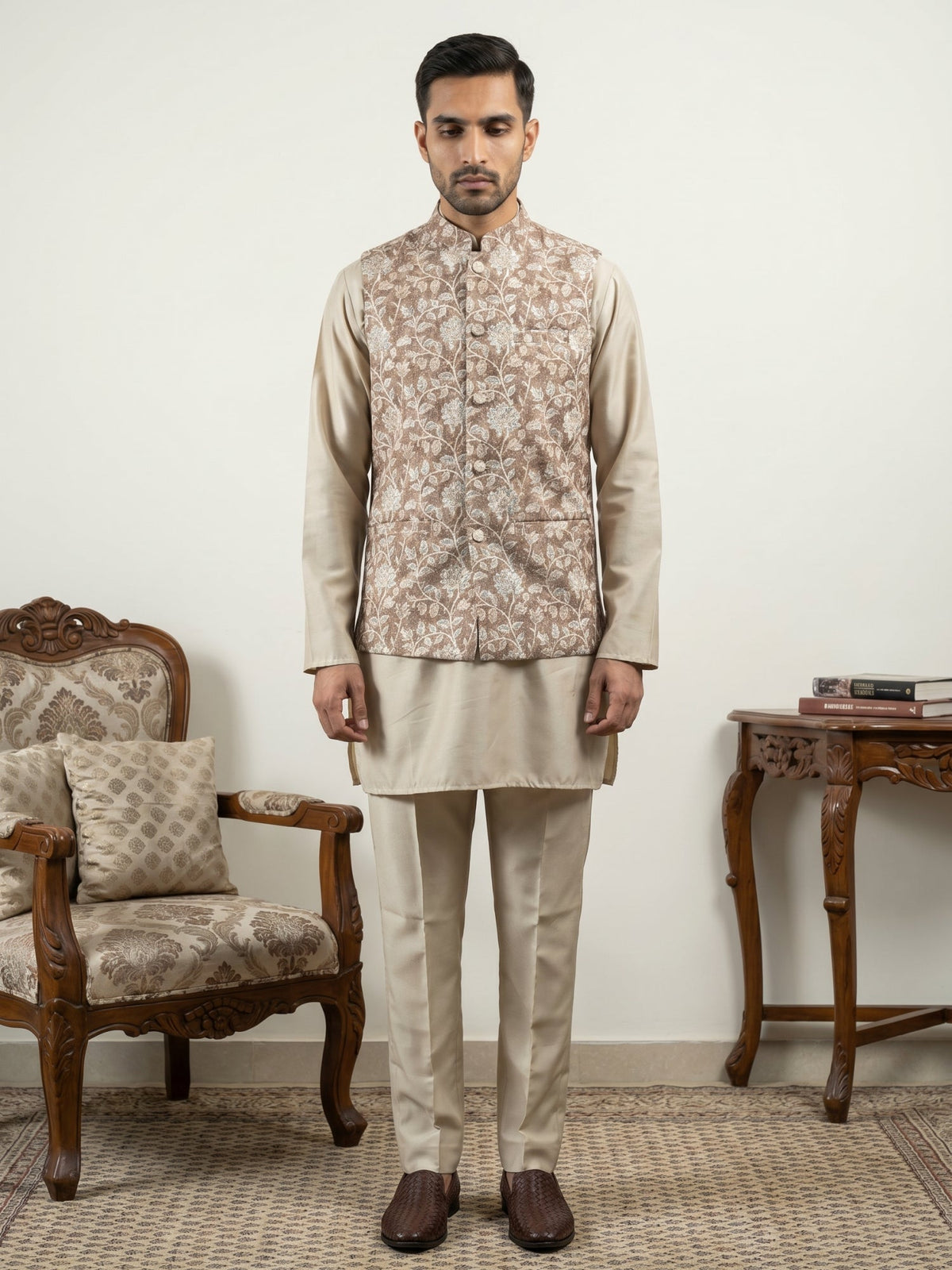 Men Embroidered Ethnic Nehru Jacket with Kurta & Pyjama Set ( 65KPWC 5586BG 4165Beige )