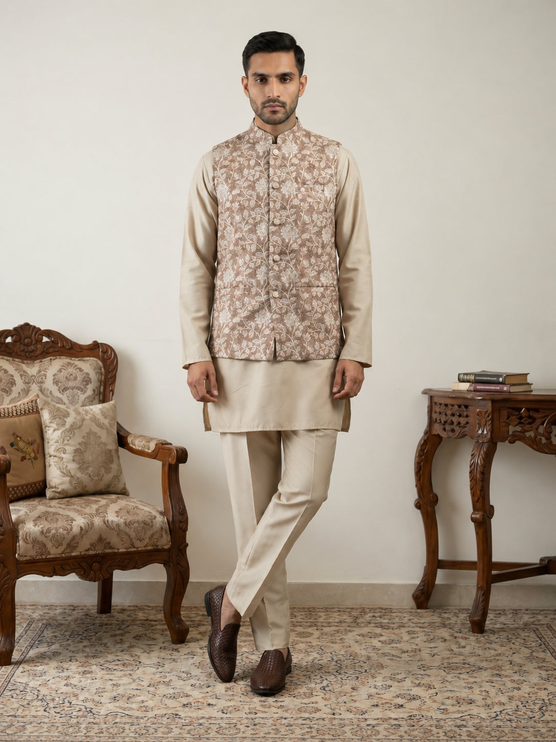 Men Embroidered Ethnic Nehru Jacket with Kurta & Pyjama Set ( 65KPWC 5586BG 4165Beige )