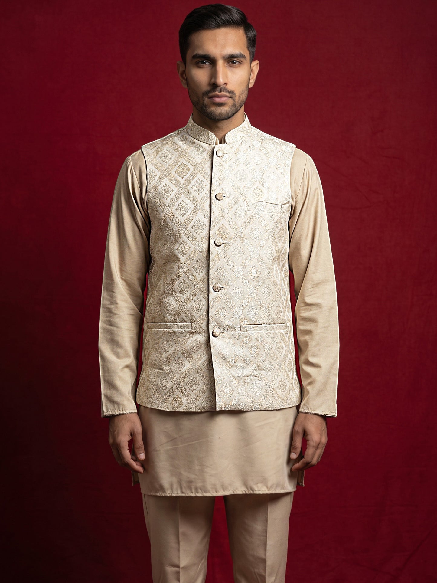 Men Woven Nehru Jacket With Kurta Set ( 65KPWC 5586BG 4179Cream )