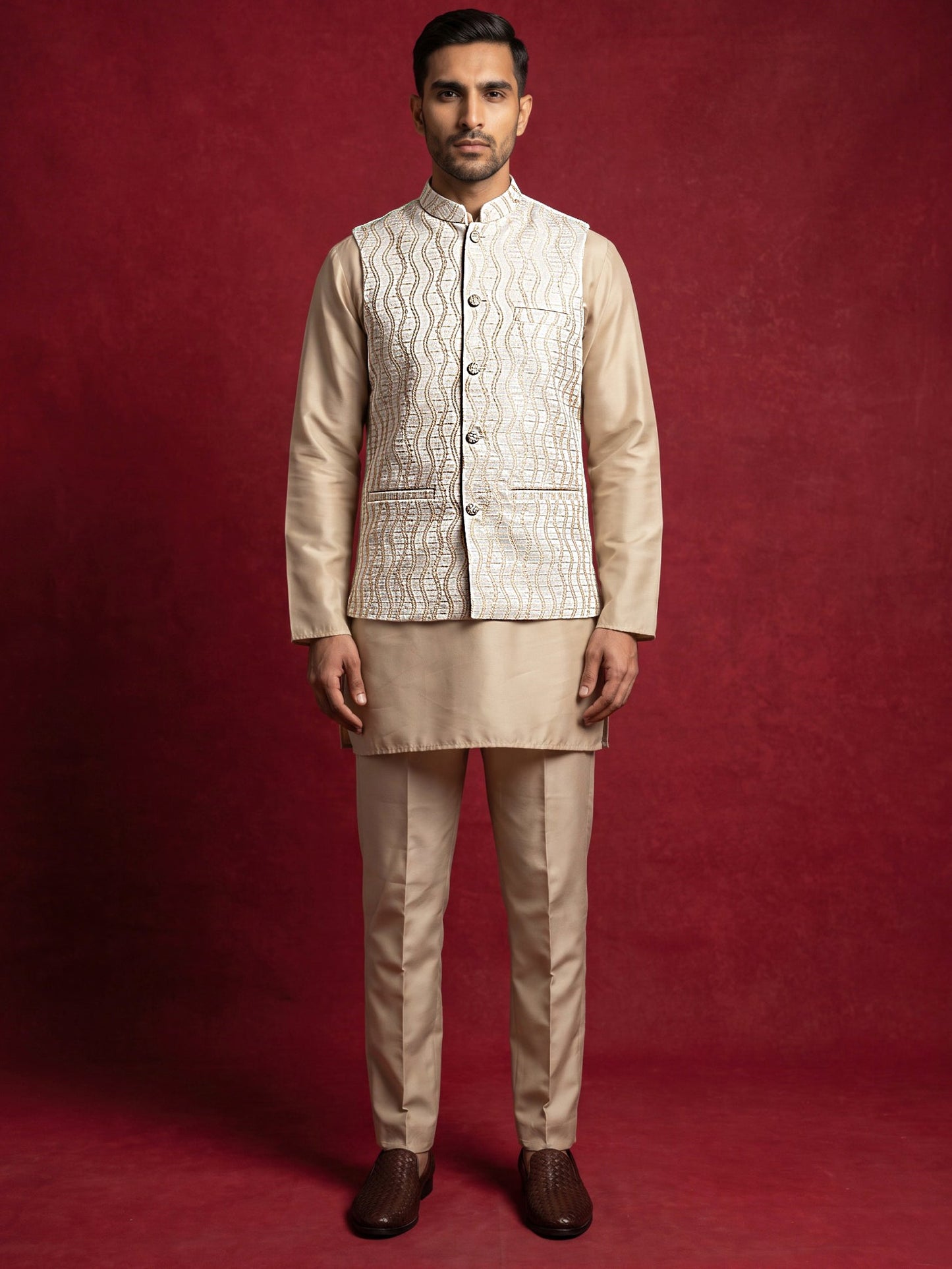 Men Woven Nehru Jacket With Kurta Set ( 65KPWC 5586BG 4180White )