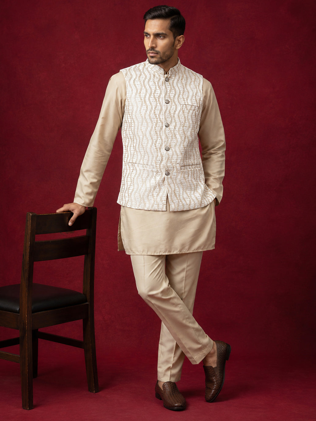 Men Woven Nehru Jacket With Kurta Set ( 65KPWC 5586BG 4180White )