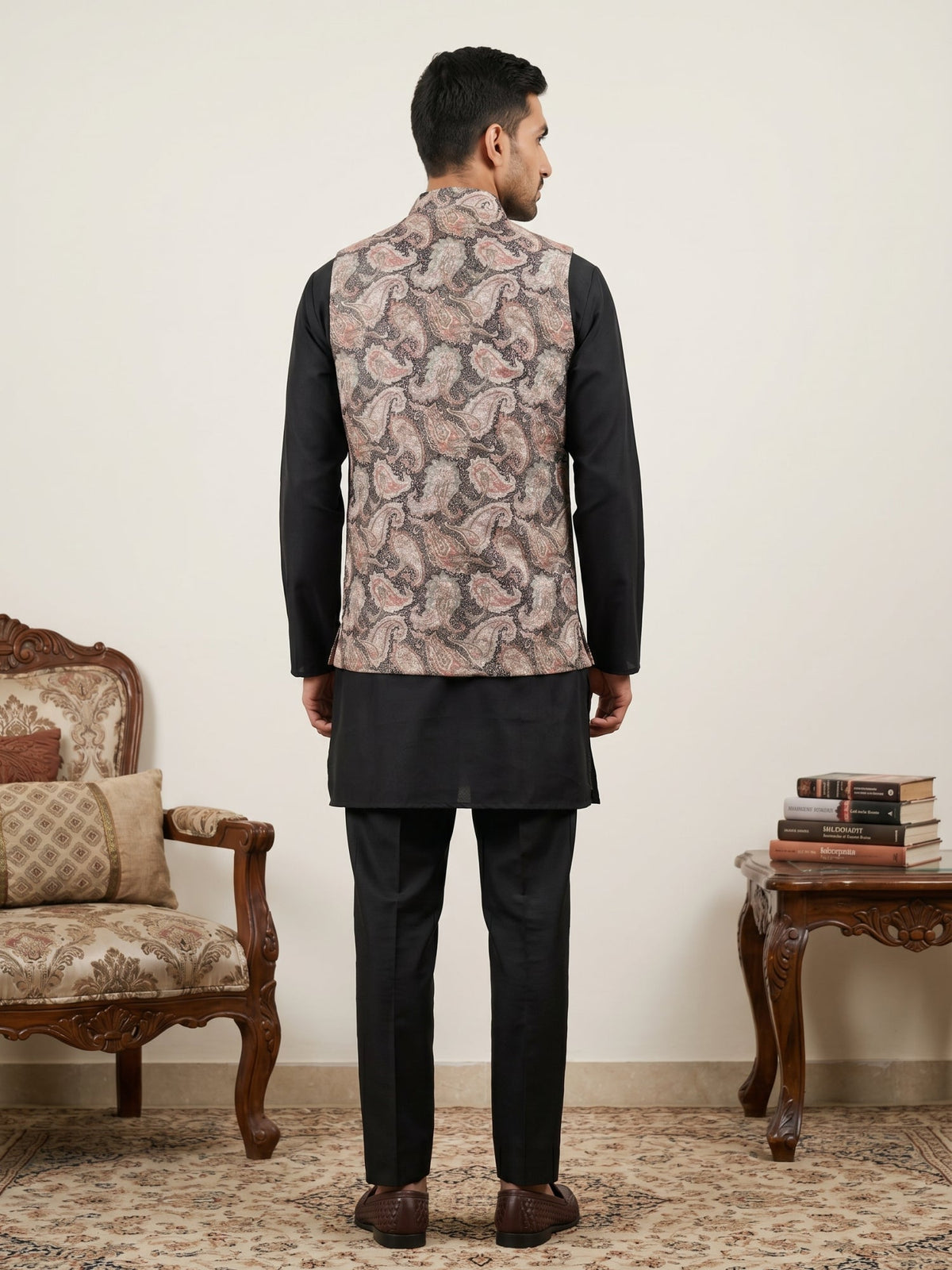 Men Embroidered Ethnic Nehru Jacket with Kurta & Pyjama Set ( 65KPWC 5586B 4164Black )