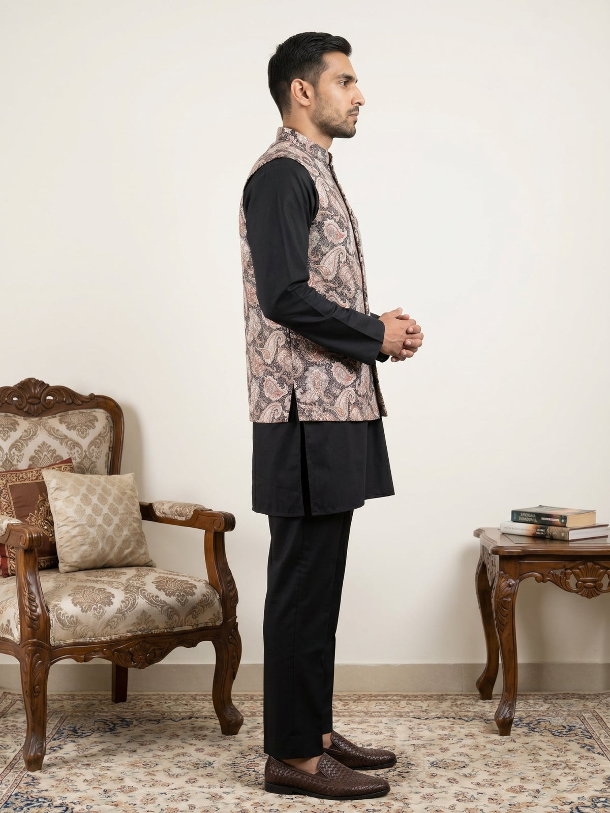 Men Embroidered Ethnic Nehru Jacket with Kurta & Pyjama Set ( 65KPWC 5586B 4164Black )