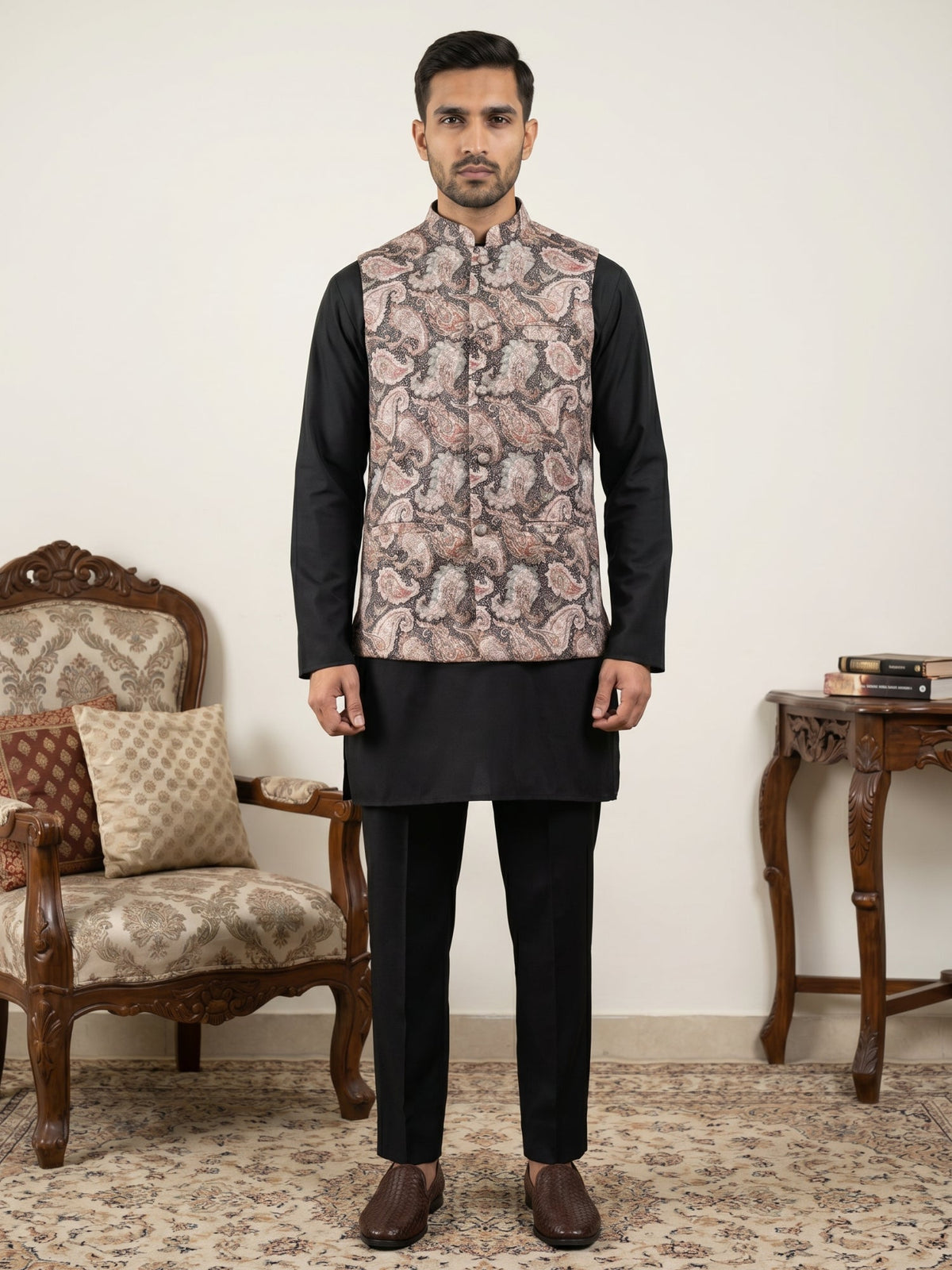 Men Embroidered Ethnic Nehru Jacket with Kurta & Pyjama Set ( 65KPWC 5586B 4164Black )