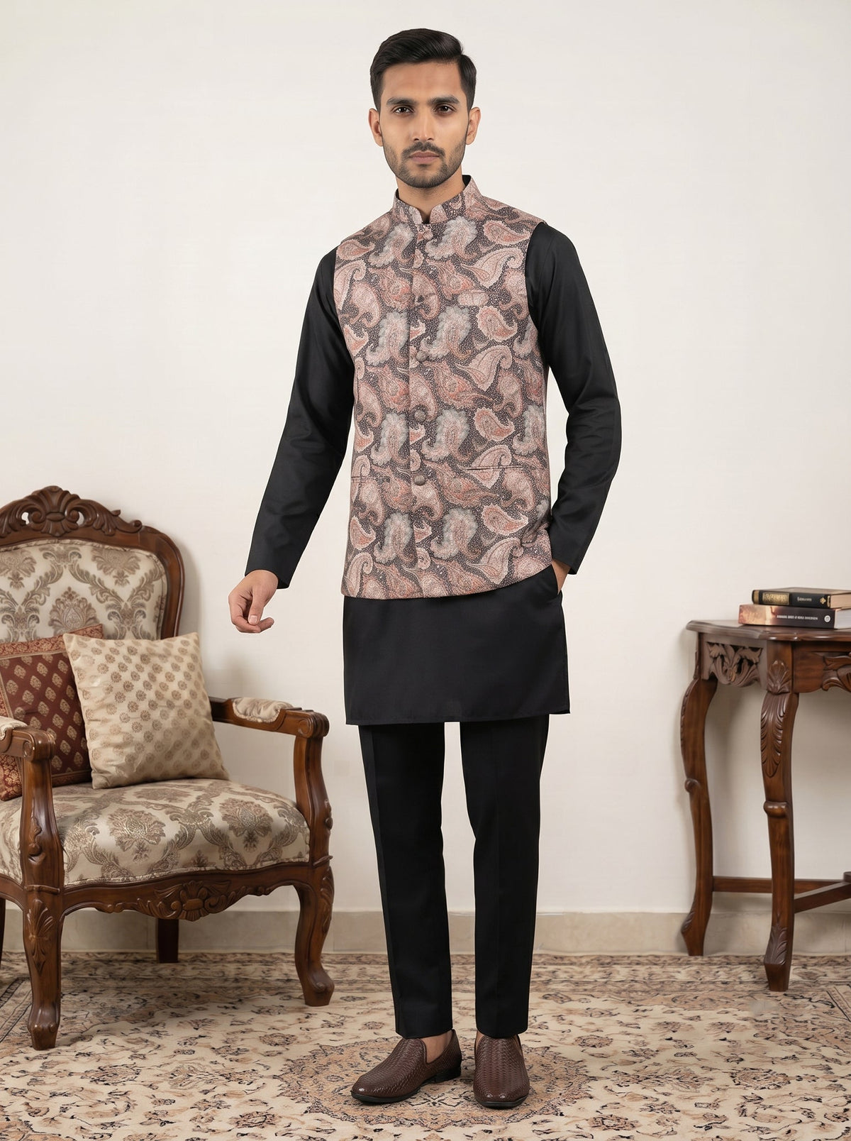 Men Embroidered Ethnic Nehru Jacket with Kurta & Pyjama Set ( 65KPWC 5586B 4164Black )