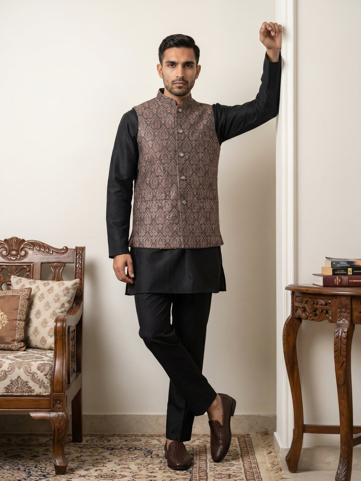 Men Paisley Embroidered Cotton Blend Nehru Jacket Kurta Set ( 65KPWC 5586B 4170Brown )