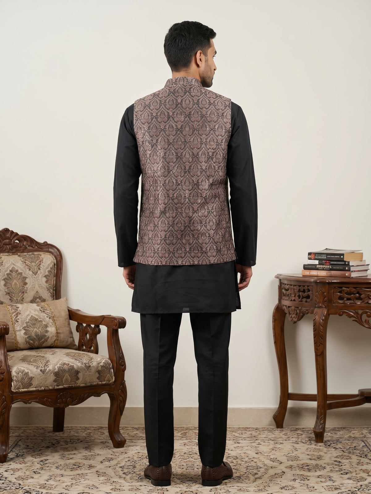Men Paisley Embroidered Cotton Blend Nehru Jacket Kurta Set ( 65KPWC 5586B 4170Brown )