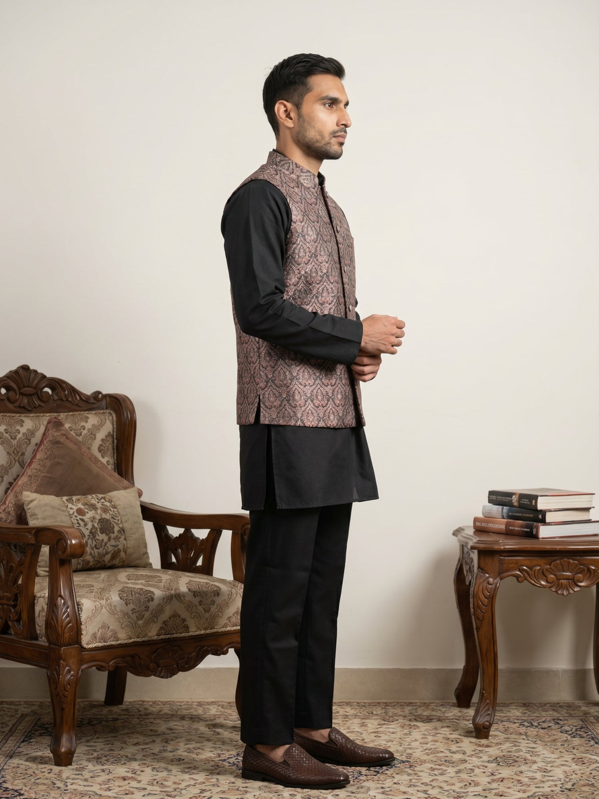 Men Paisley Embroidered Cotton Blend Nehru Jacket Kurta Set ( 65KPWC 5586B 4170Brown )