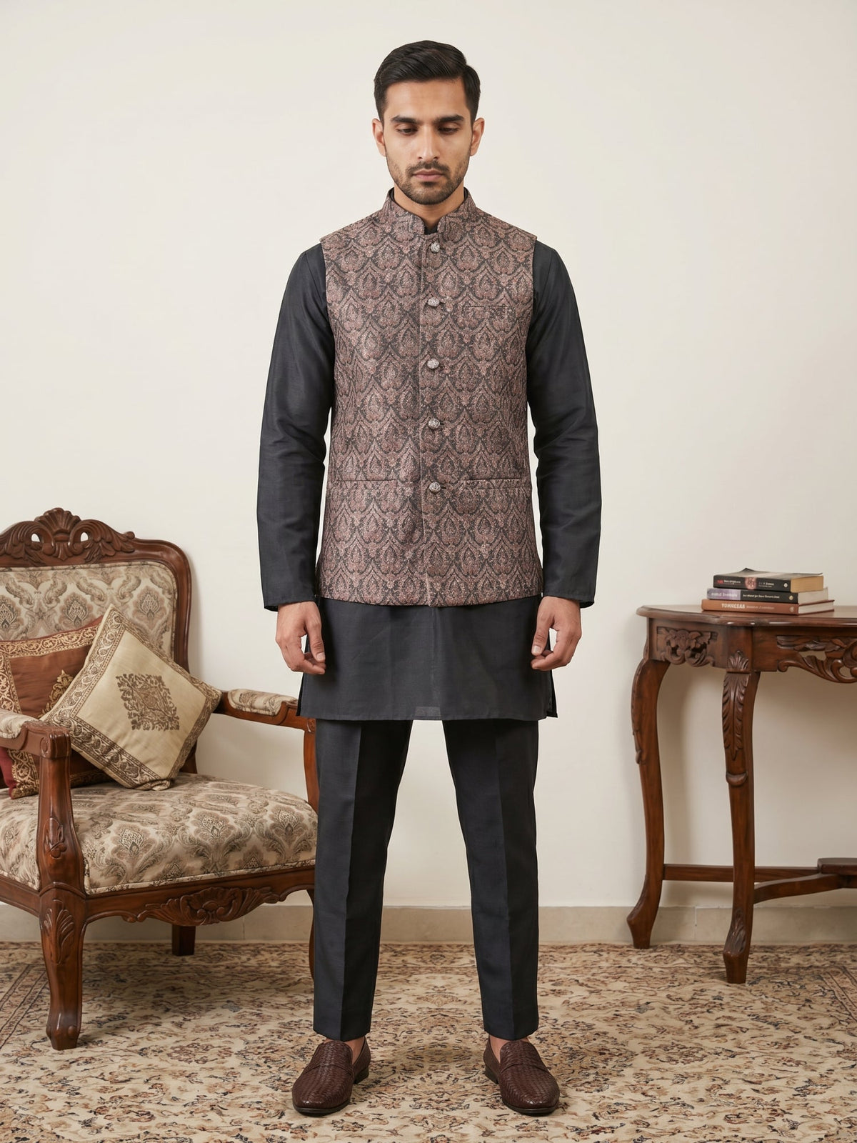 Men Paisley Embroidered Cotton Blend Nehru Jacket Kurta Set ( 65KPWC 5586B 4170Brown )