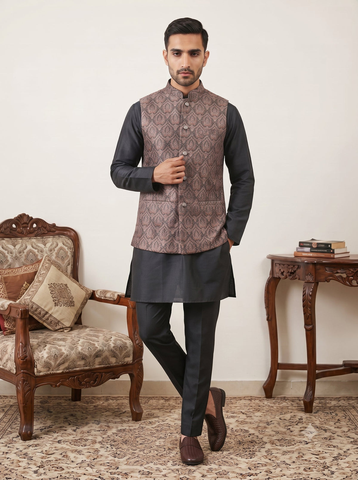 Men Paisley Embroidered Cotton Blend Nehru Jacket Kurta Set ( 65KPWC 5586B 4170Brown )